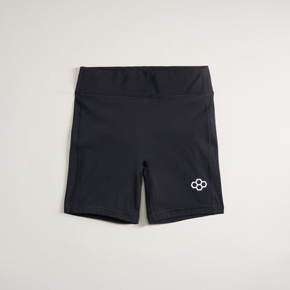 This image features a pair of black athletic shorts designed for comfort and performance showcasing a sleek fit and subtle logo detail