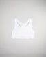 A simple white sports bra featuring a racerback design and a subtle textured band with the phrase A WAY OF LIFE