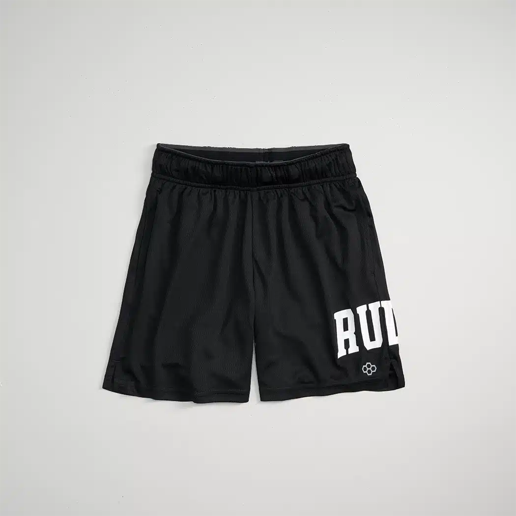 Black athletic shorts featuring a white logo with the word RUD printed prominently on one side