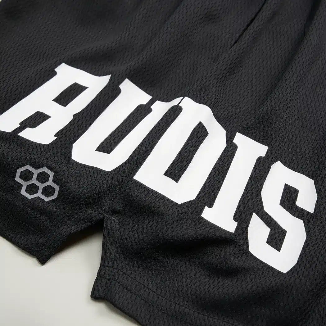 Black athletic shorts featuring bold white lettering spelling AUDIS on the front with a hexagonal logo on the lower left edge