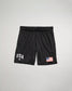 Black athletic shorts featuring USA text and an American flag emblem