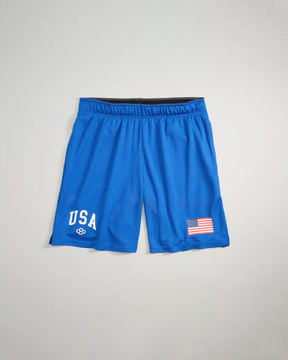 Bright blue athletic shorts featuring USA lettering and an American flag patch designed for comfort and sporty style