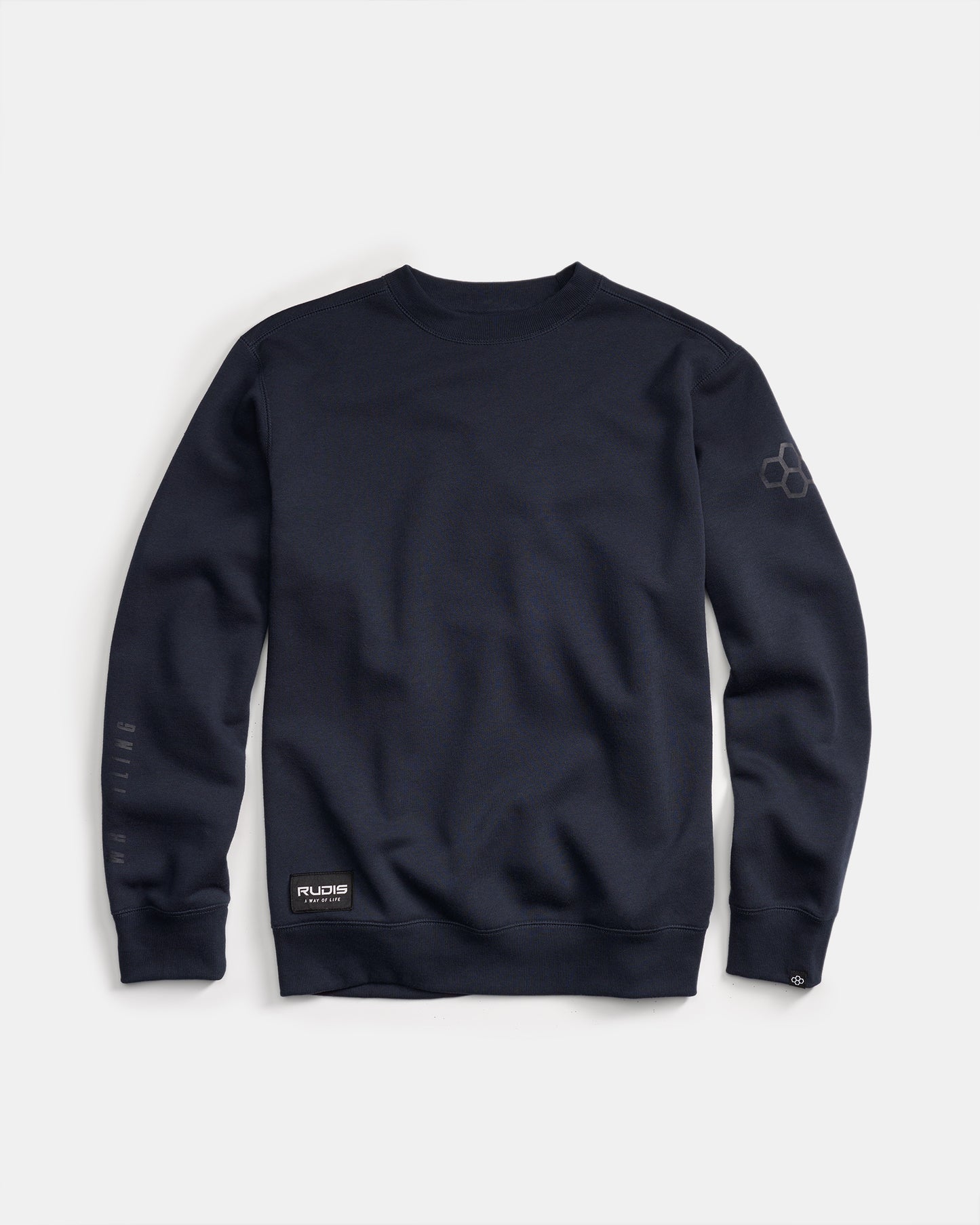 A navy blue crewneck sweatshirt featuring a minimalistic design with a logo on the sleeve and branding at the hem