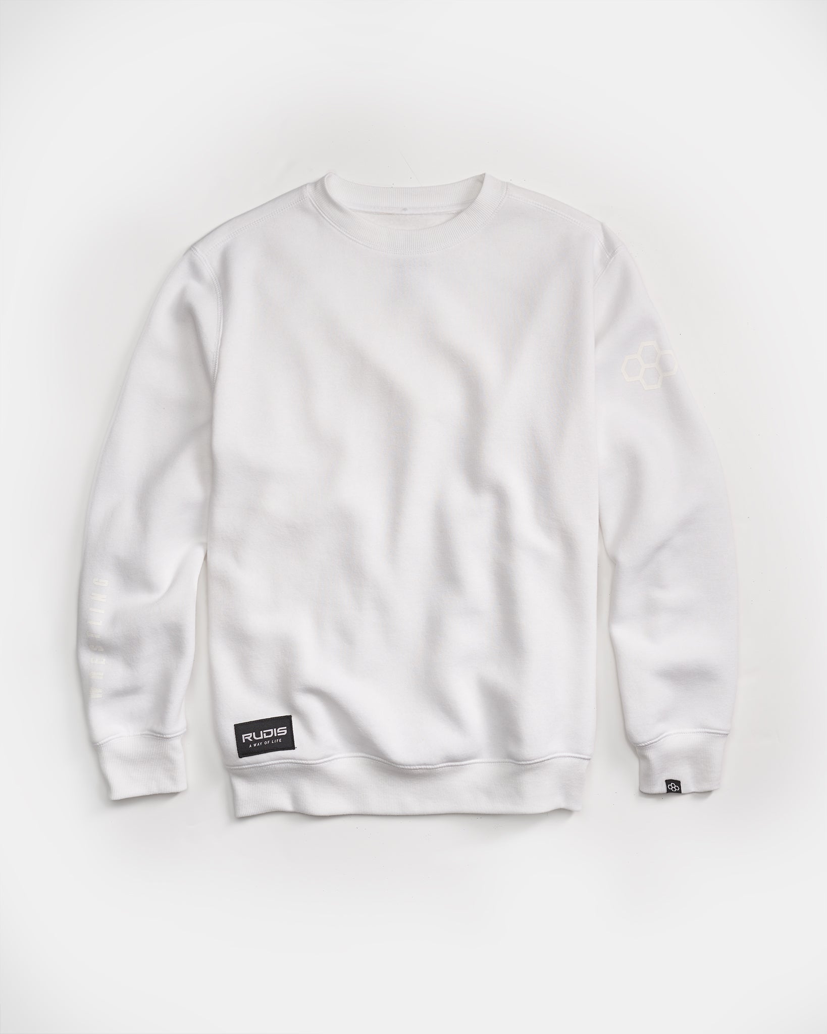 A pristine white sweatshirt featuring a logo patch and subtle design elements perfect for casual or athletic wear