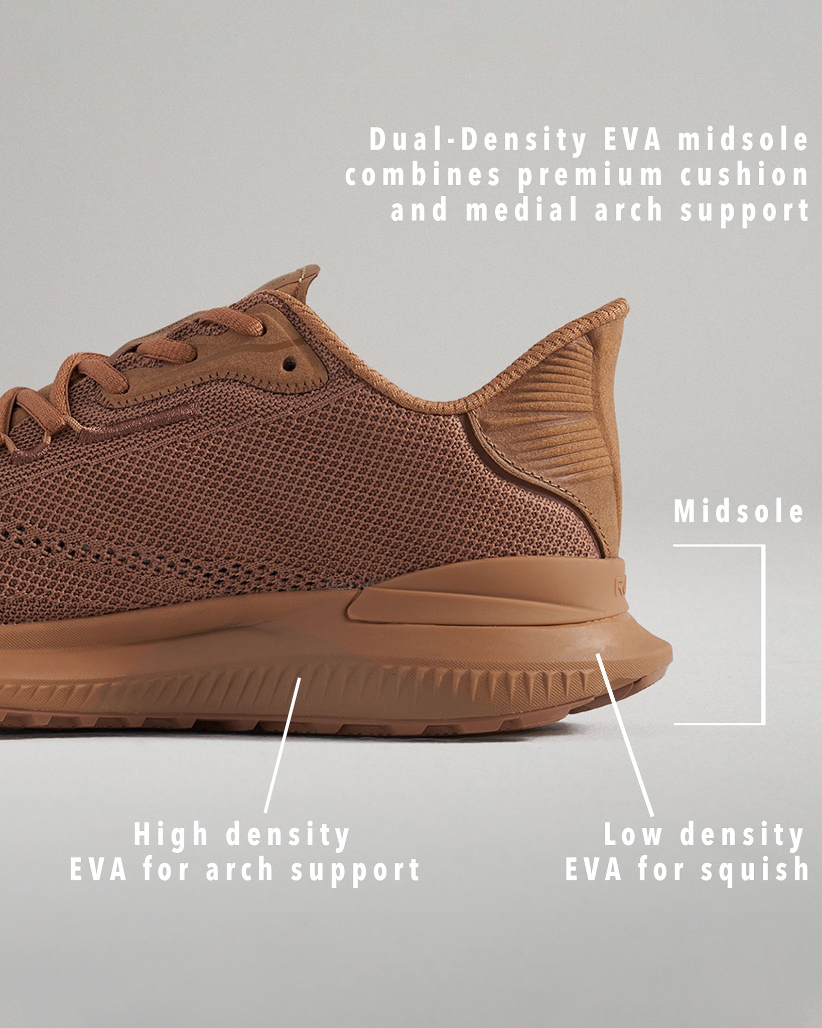 A close-up view of a brown athletic shoe highlighting its dual-density EVA midsole with distinct cushioning features for improved arch support and comfort