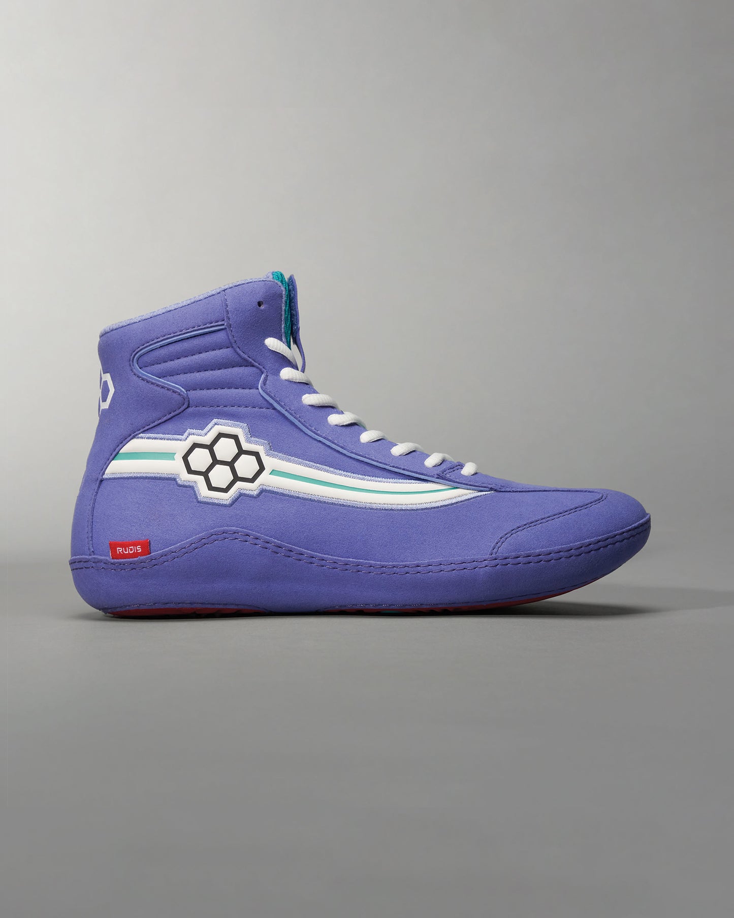 A modern high-top sneaker in vibrant purple featuring unique design elements and a contrasting logo on the side