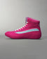 A vibrant pink high-top sneaker featuring a sleek design with white laces and a light blue accent stripe