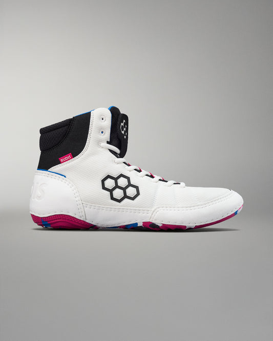 High-top white wrestling shoe with black accents and a colorful sole, featuring a hexagonal logo and secure lacing.