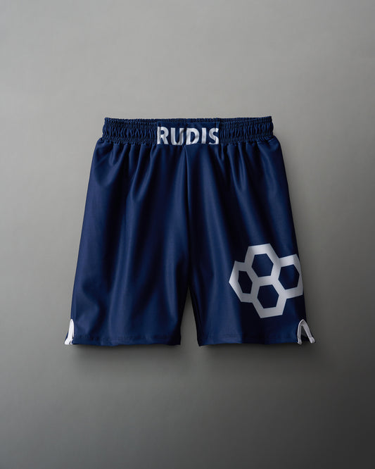 Navy athletic shorts showcase 'RUDIS' branding on the waistband and a distinctive white hexagonal graphic, designed for comfort and movement.