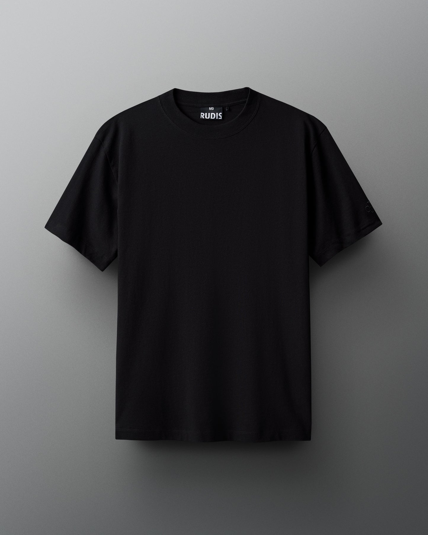 A black short-sleeve t-shirt with a 'RUDIS' label inside the collar, featuring a classic crew neck design, suitable for casual wear.