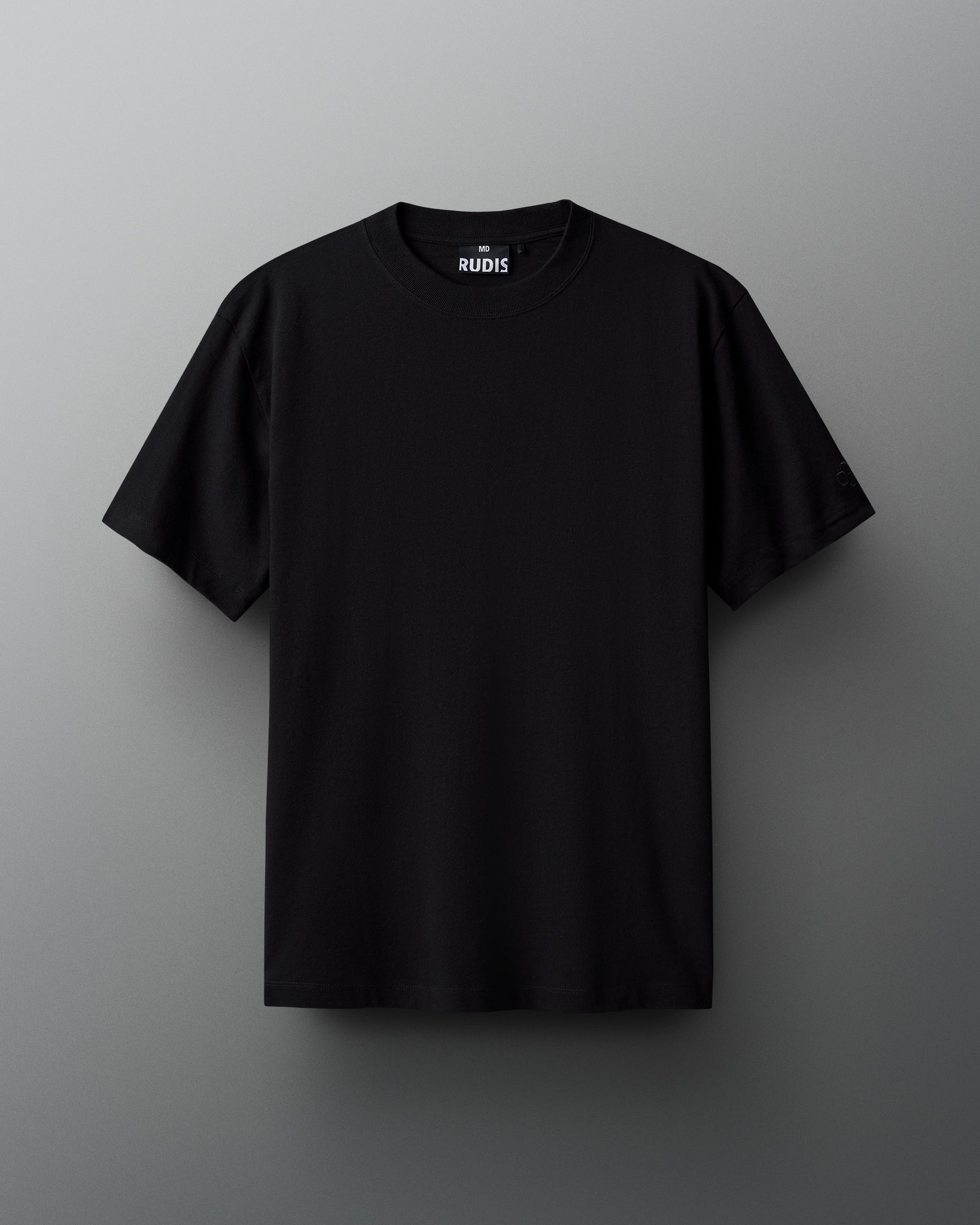 A black short-sleeve t-shirt with a 'RUDIS' label inside the collar, featuring a classic crew neck design, suitable for casual wear.