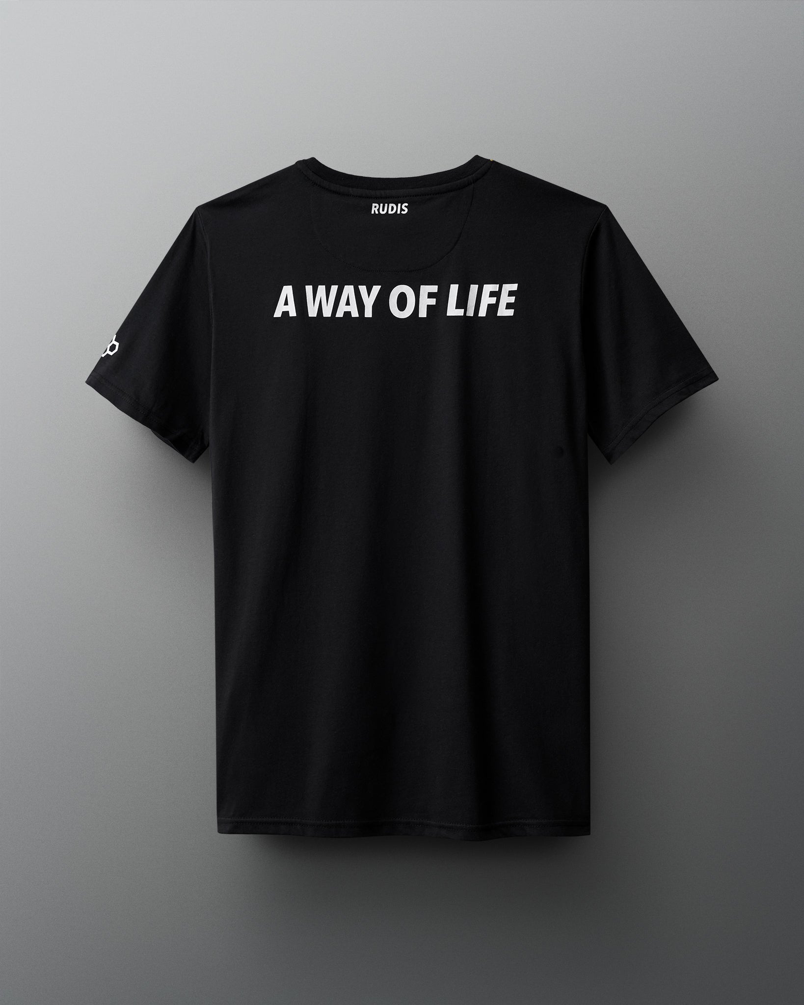 A black t-shirt features the phrase 'A WAY OF LIFE' in bold white letters on the front, with a casual design set against a neutral gray background.