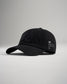 A black baseball cap featuring an embossed skull logo on the front and text detailing on the side