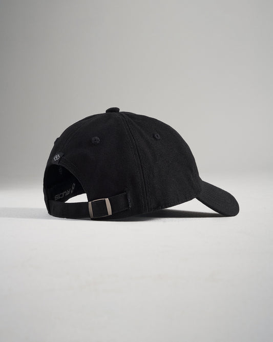 A sleek black baseball cap featuring a subtle logo on the side and an adjustable strap at the back for a customizable fit