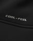 A close-up view of black fabric with a textured surface features the metallic silver text 'COOL-FEEL', highlighting its comfort and cooling properties.