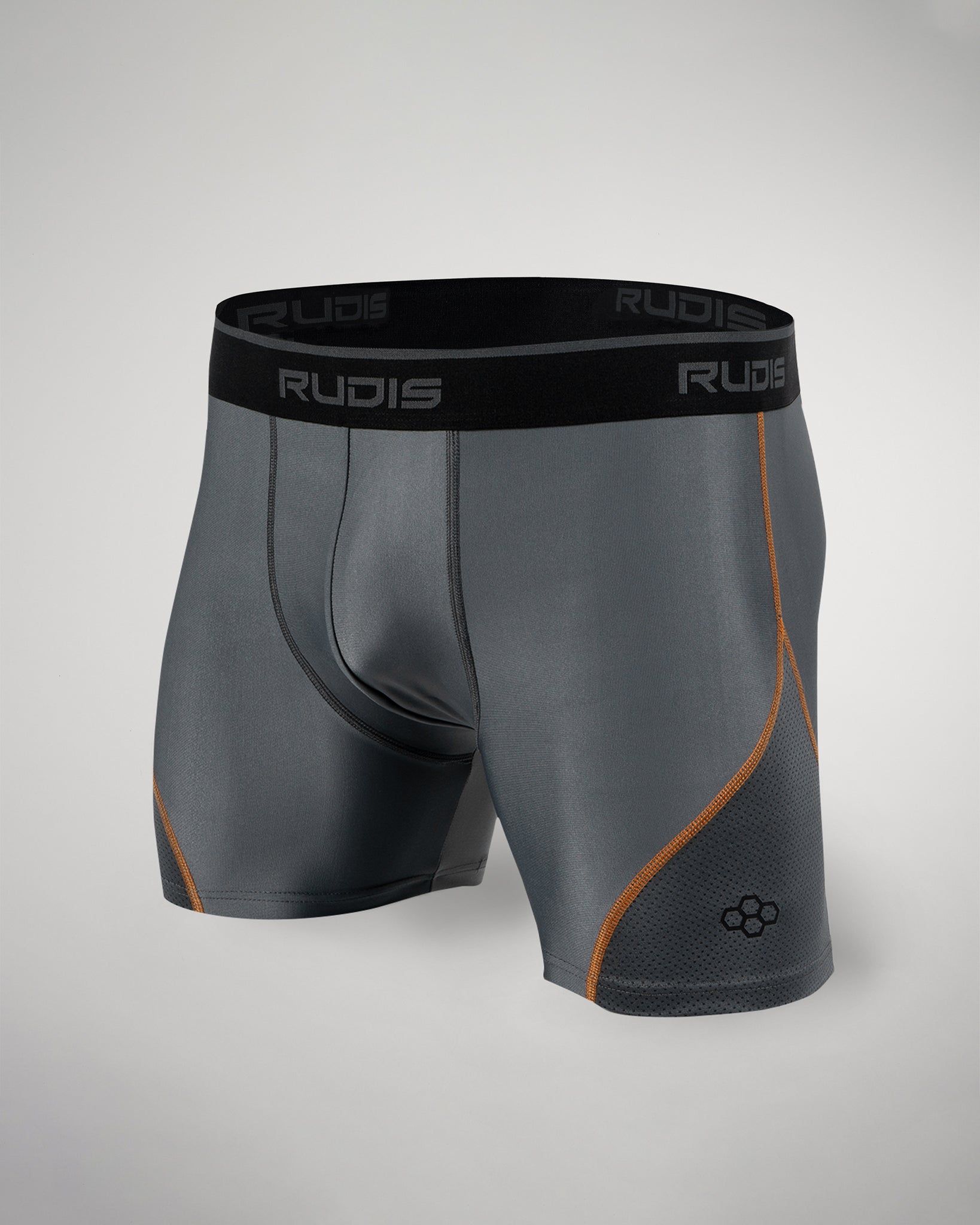 A pair of gray athletic shorts featuring a sleek design breathable fabric and orange detailing for enhanced style and comfort