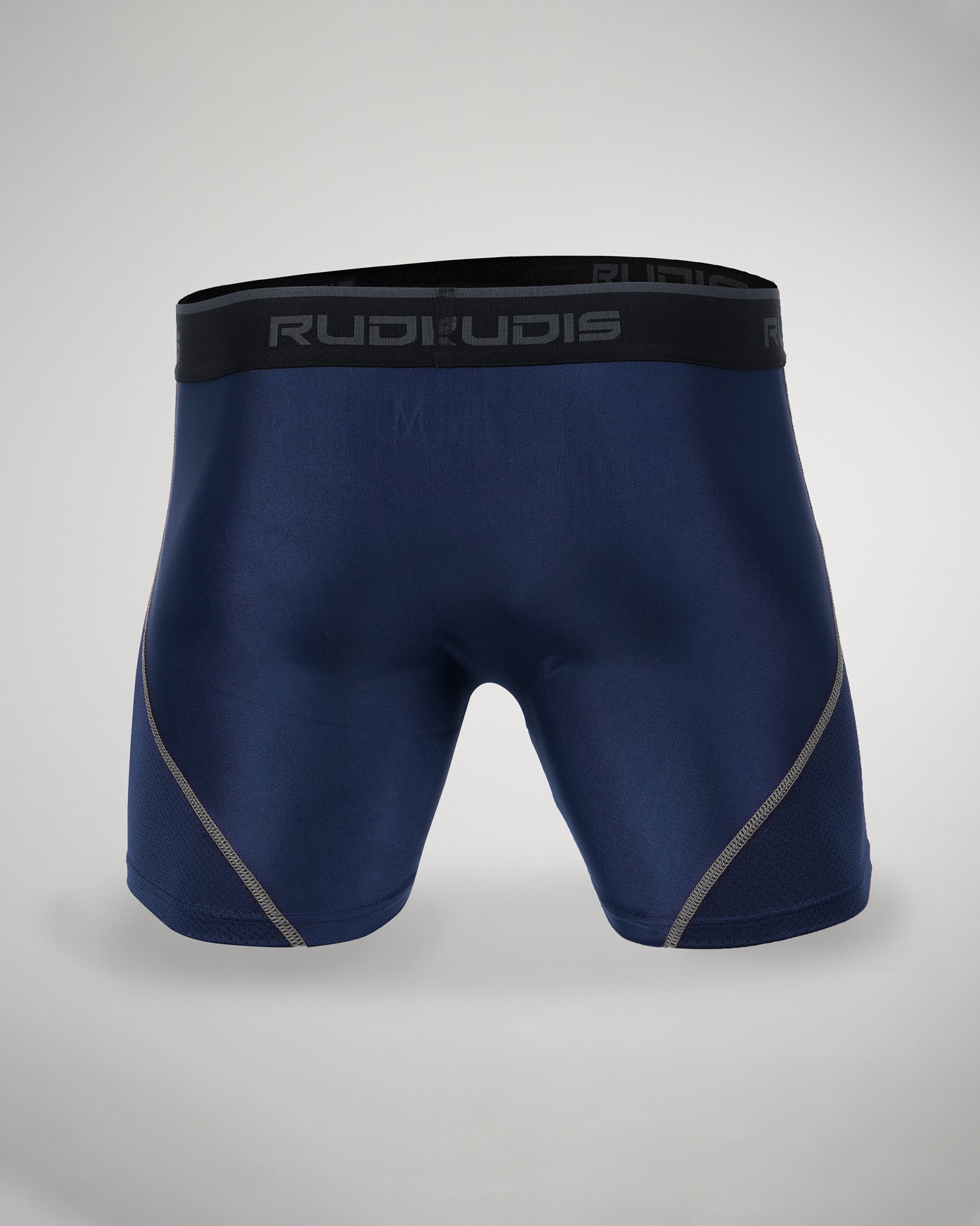 Navy blue athletic shorts featuring a snug fit and light gray accents suitable for active wear