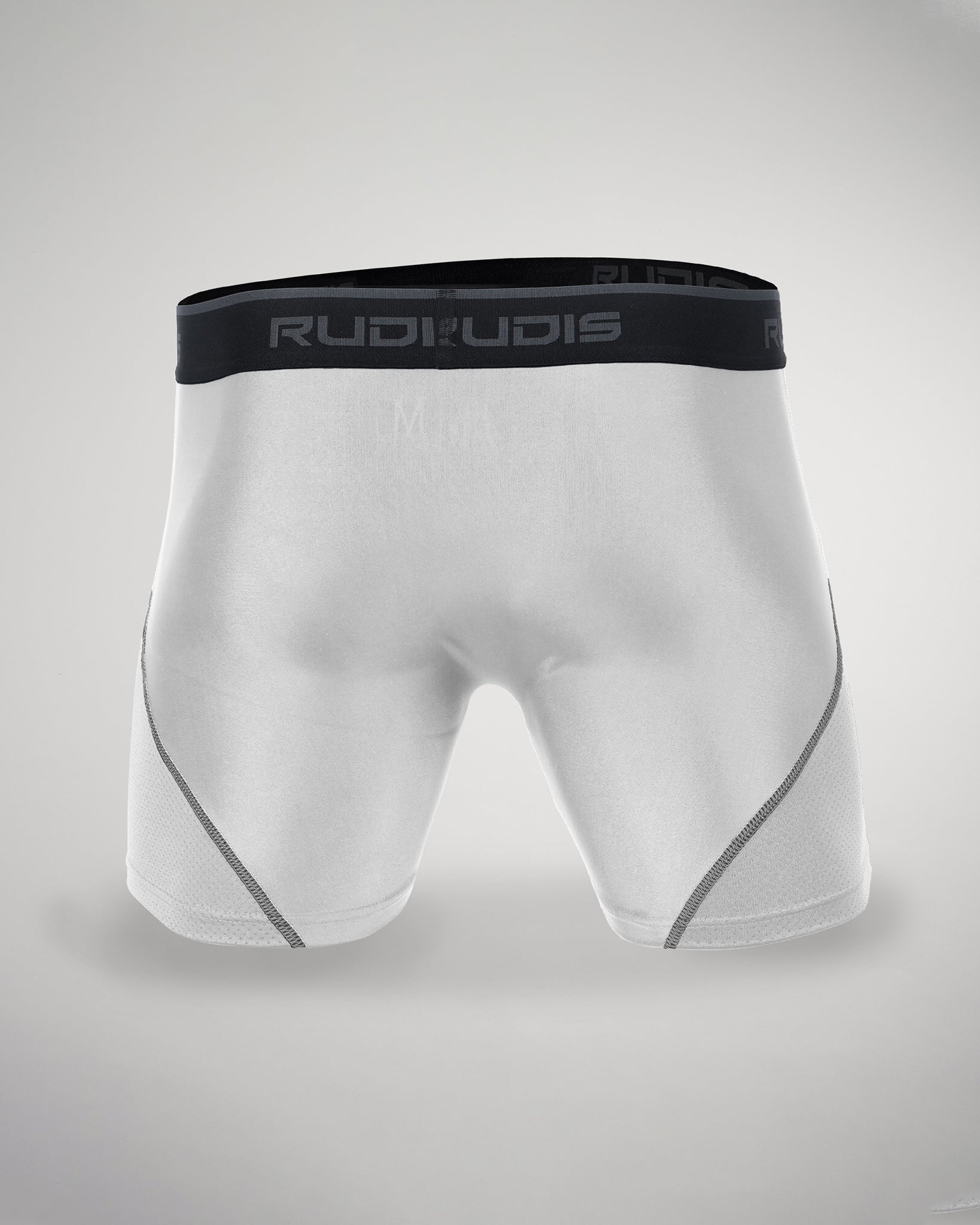 A pair of fitted white athletic shorts designed for performance featuring a textured design and an elastic waistband with branding