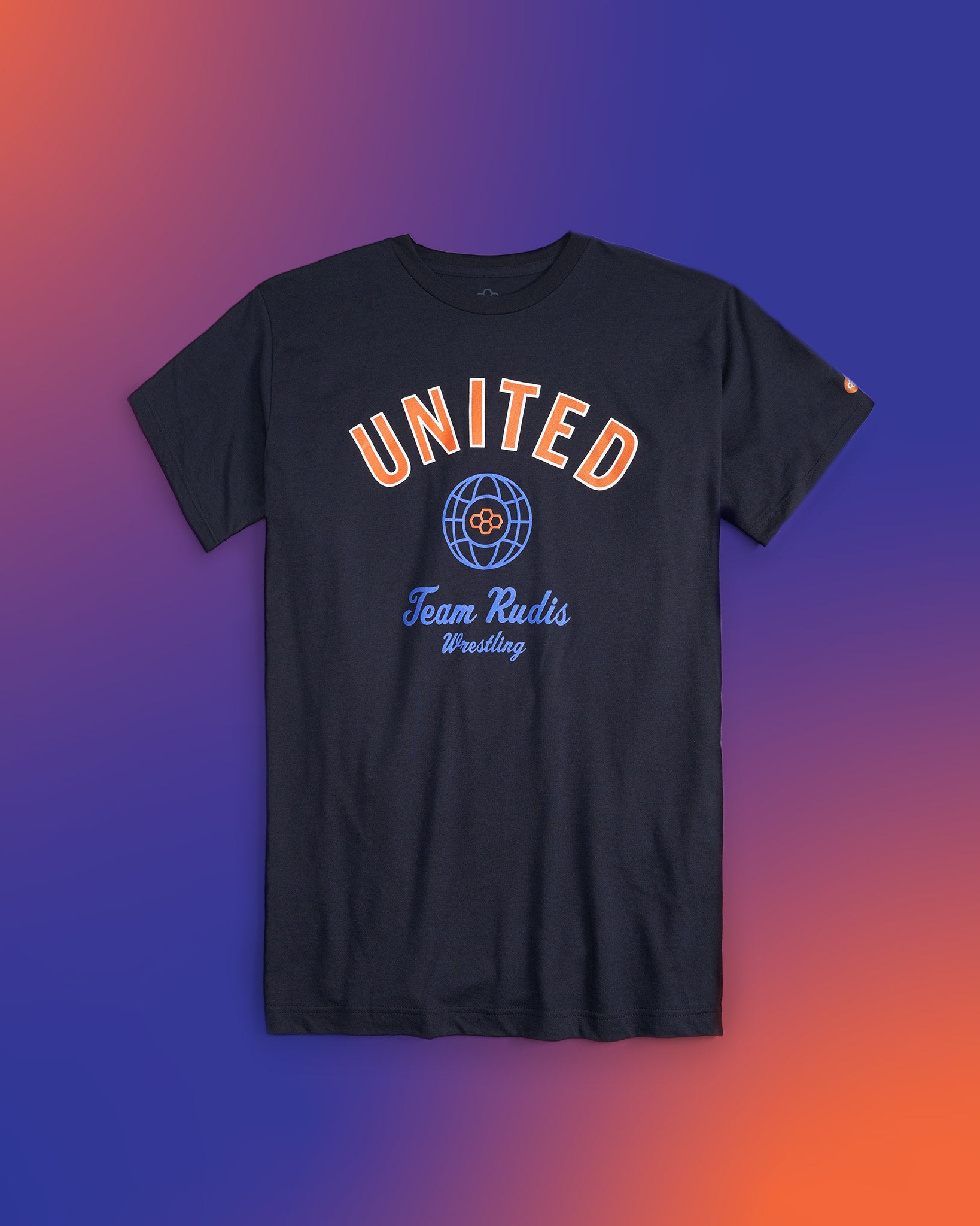 A black t-shirt featuring the word UNITED in bold orange letters and Team Rudis Wrestling in blue below a globe graphic