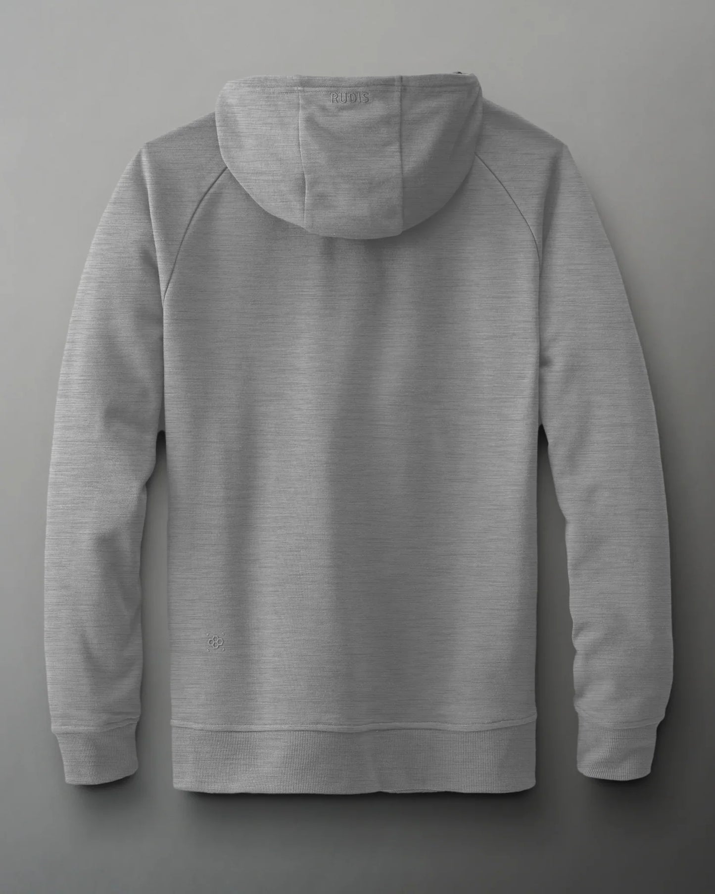 The back view of a gray hoodie made from soft fabric features a drawstring hood and ribbed cuffs, presented against a muted gray background.