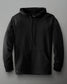 A black hoodie with a drawstring and kangaroo pocket, featuring ribbed cuffs and a subtle logo, displays a comfortable and modern style.