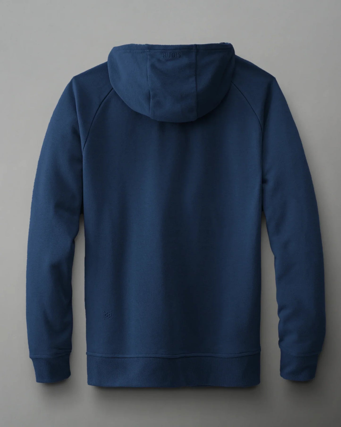 Navy blue hooded sweatshirt with ribbed cuffs and a minimalist design, viewed from the back against a light gray background.