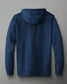 Navy blue hooded sweatshirt with ribbed cuffs and a minimalist design, viewed from the back against a light gray background.