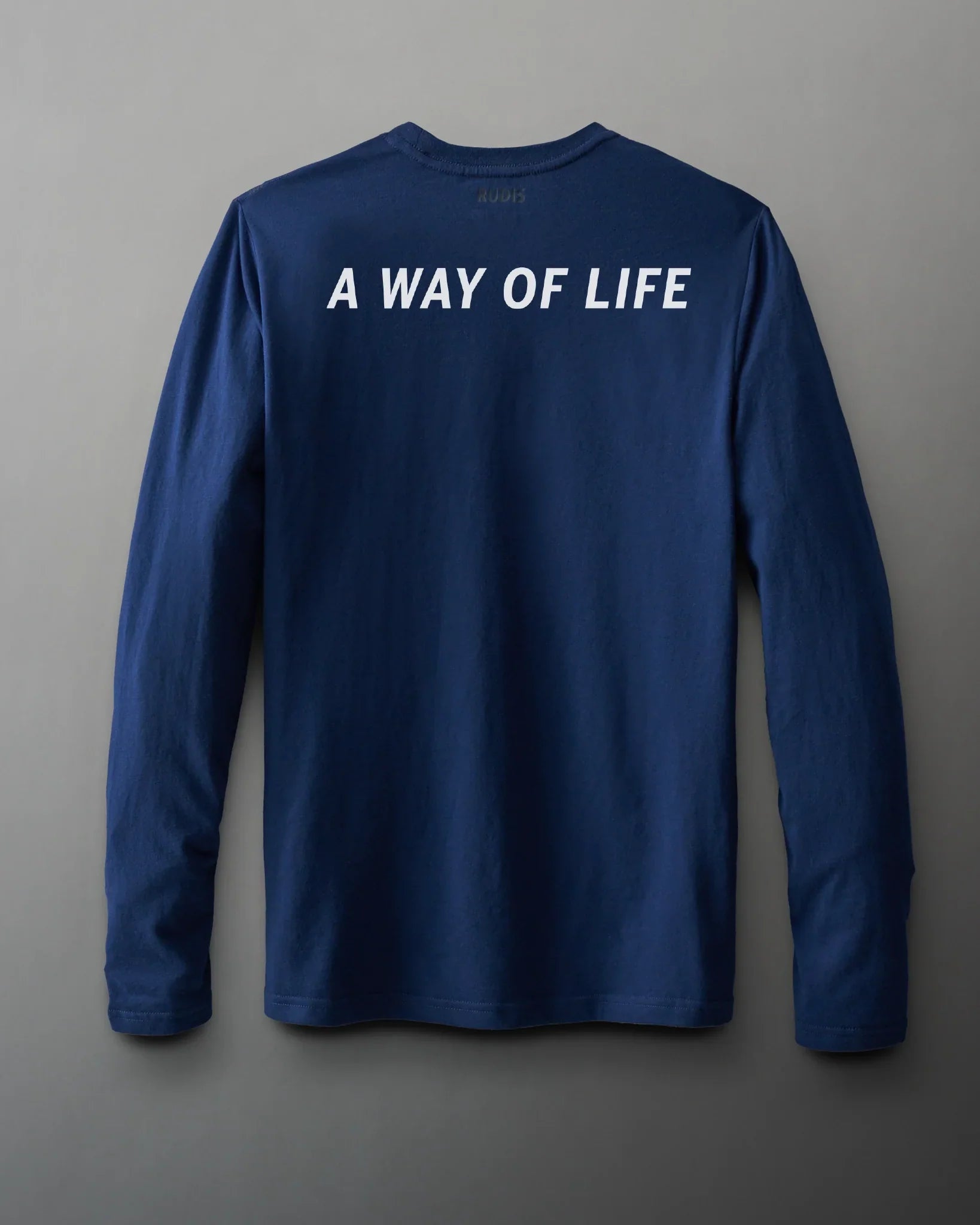 Navy long-sleeve shirt with white lettering 'A WAY OF LIFE' on the back, designed for casual wear.