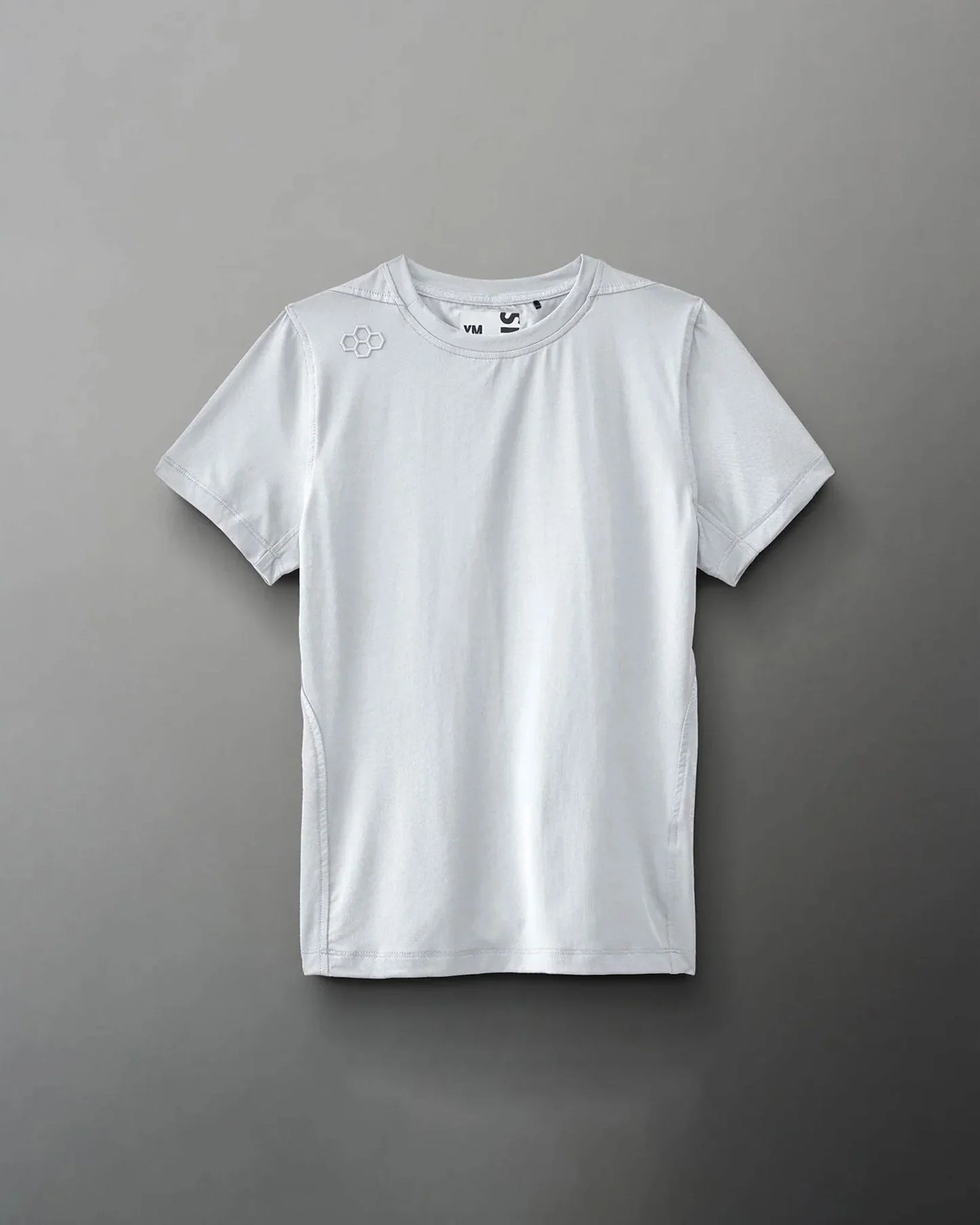 A light gray athletic t-shirt features a round neck, short sleeves, and a subtle logo on the shoulder, designed for comfort and ease of movement.