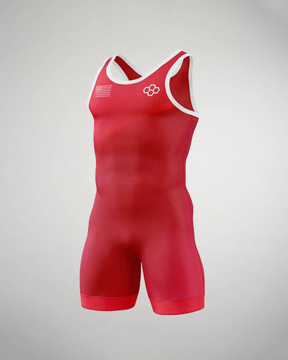 A vibrant red athletic singlet featuring a sleeveless design a stylish white trim and the American flag emblem ideal for competitive sports