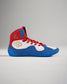 A vibrant high-top basketball sneaker featuring red white and blue colors designed with modern aesthetics and performance elements