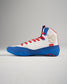 This image depicts a high-top athletic shoe predominantly white with blue and red accents designed for performance and style