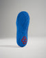 This image shows the sole of a blue athletic shoe featuring a textured surface and a distinctive red branding element