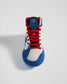 A stylish high-top sneaker featuring a vibrant combination of blue red and white colors designed for both comfort and fashion