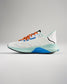 A stylish white running shoe featuring vibrant orange laces and a striking blue sole designed for performance and comfort