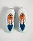 Top view of a pair of modern athletic shoes featuring a white and mint color scheme with orange laces