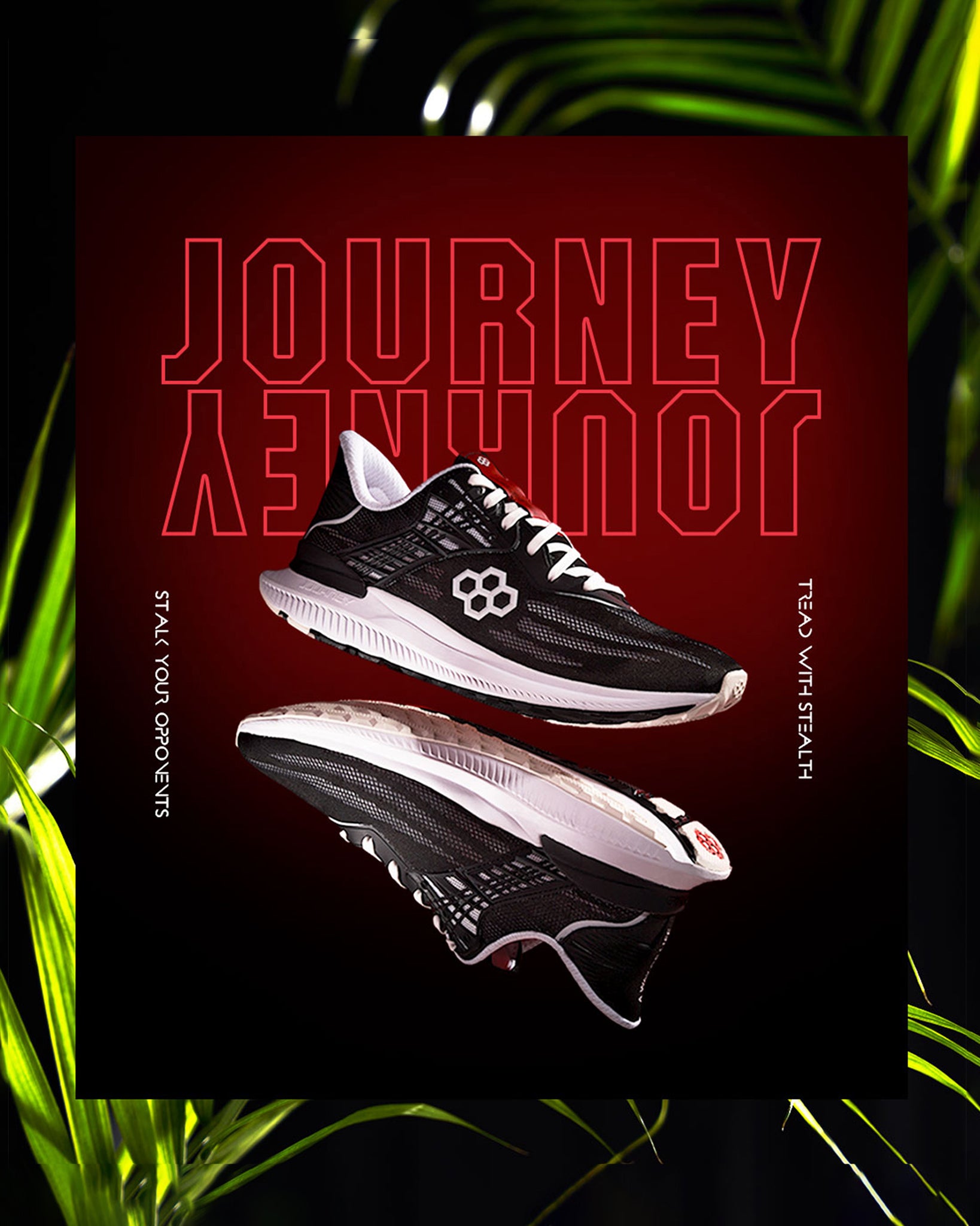 This promotional image highlights a pair of stylish black athletic shoes with a dynamic design and a modern aesthetic set against a bold red background that emphasizes their appealing features