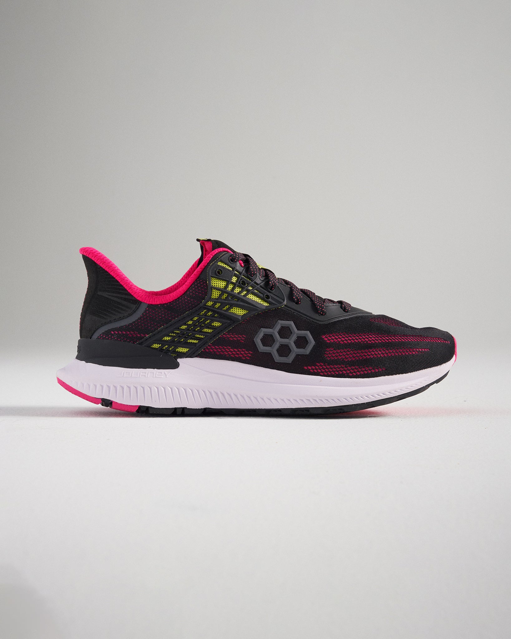 A sleek black running shoe featuring vibrant pink and yellow accents designed for performance and comfort