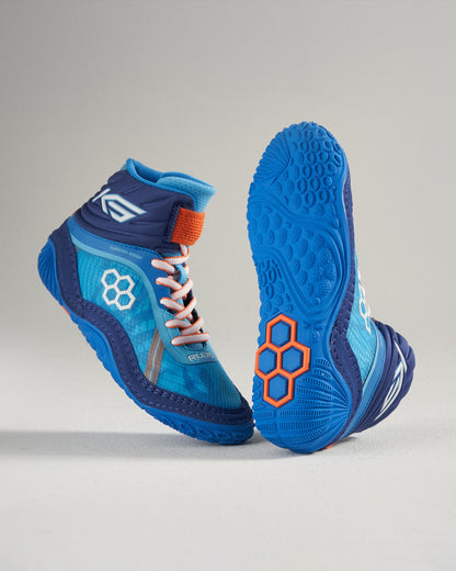 A pair of vibrant blue high-top athletic shoes with innovative design and textured soles for optimal grip and support