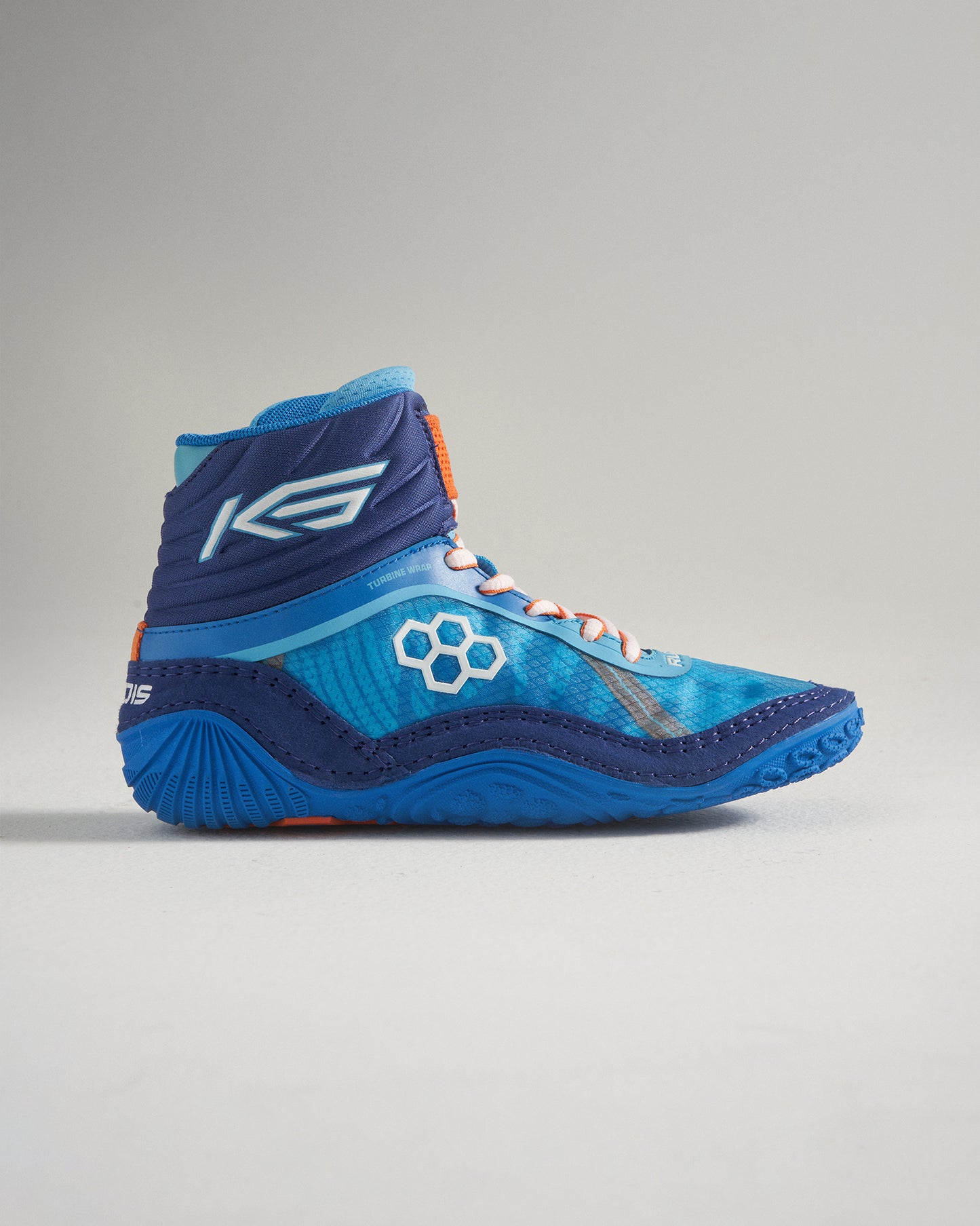 A vibrant blue high-top athletic shoe featuring a textured design modern aesthetic and contrasting orange details for enhanced style and performance