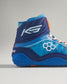 A modern blue athletic shoe with dynamic design features and a textured sole for enhanced grip