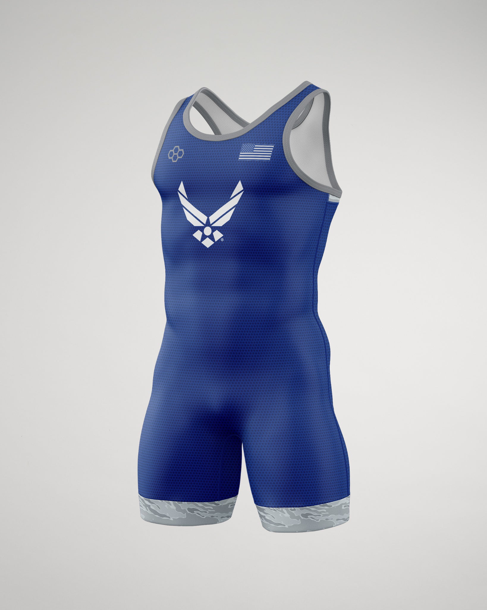 A fitted blue wrestling singlet with a white Air Force emblem and gray camouflage trim at the bottom, designed for athletic performance.