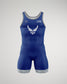 A blue wrestling singlet with a white Air Force logo and a camo-patterned hem, designed for competitive sports.