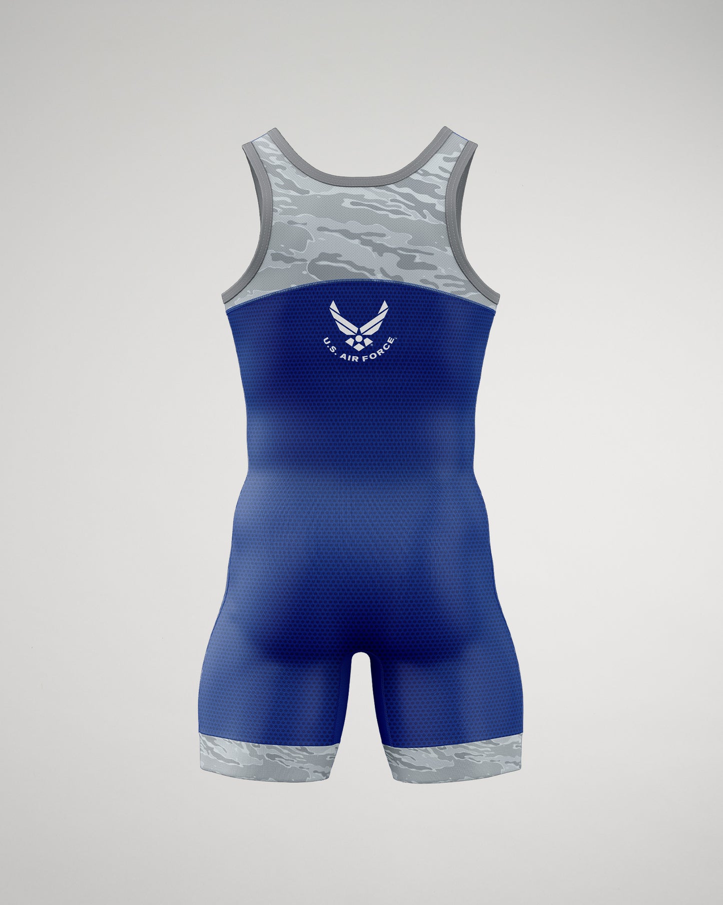 Men's wrestling singlet in blue with gray camouflage accents and U.S. Air Force insignia, designed for performance and competition.