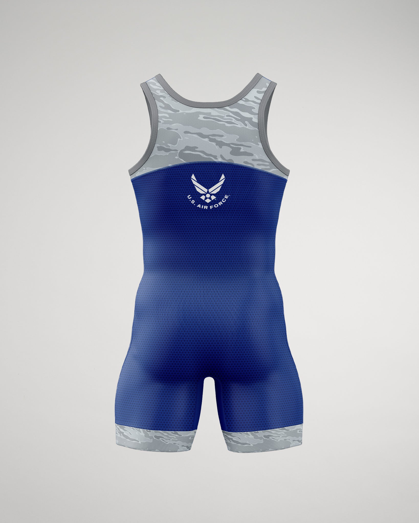 Men's wrestling singlet in blue with gray camouflage accents and U.S. Air Force insignia, designed for performance and competition.