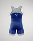 Men's wrestling singlet in blue with gray camouflage accents and U.S. Air Force insignia, designed for performance and competition.