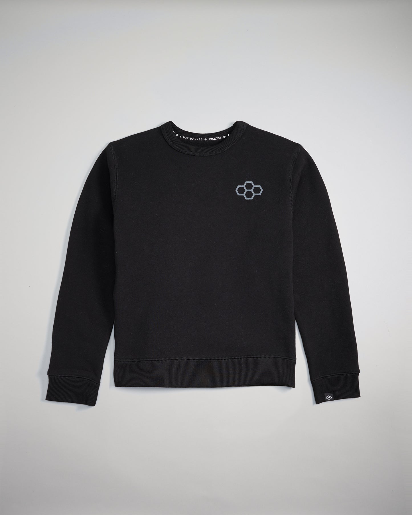 Black sweatshirt featuring a simple hexagon logo designed for comfort and casual style