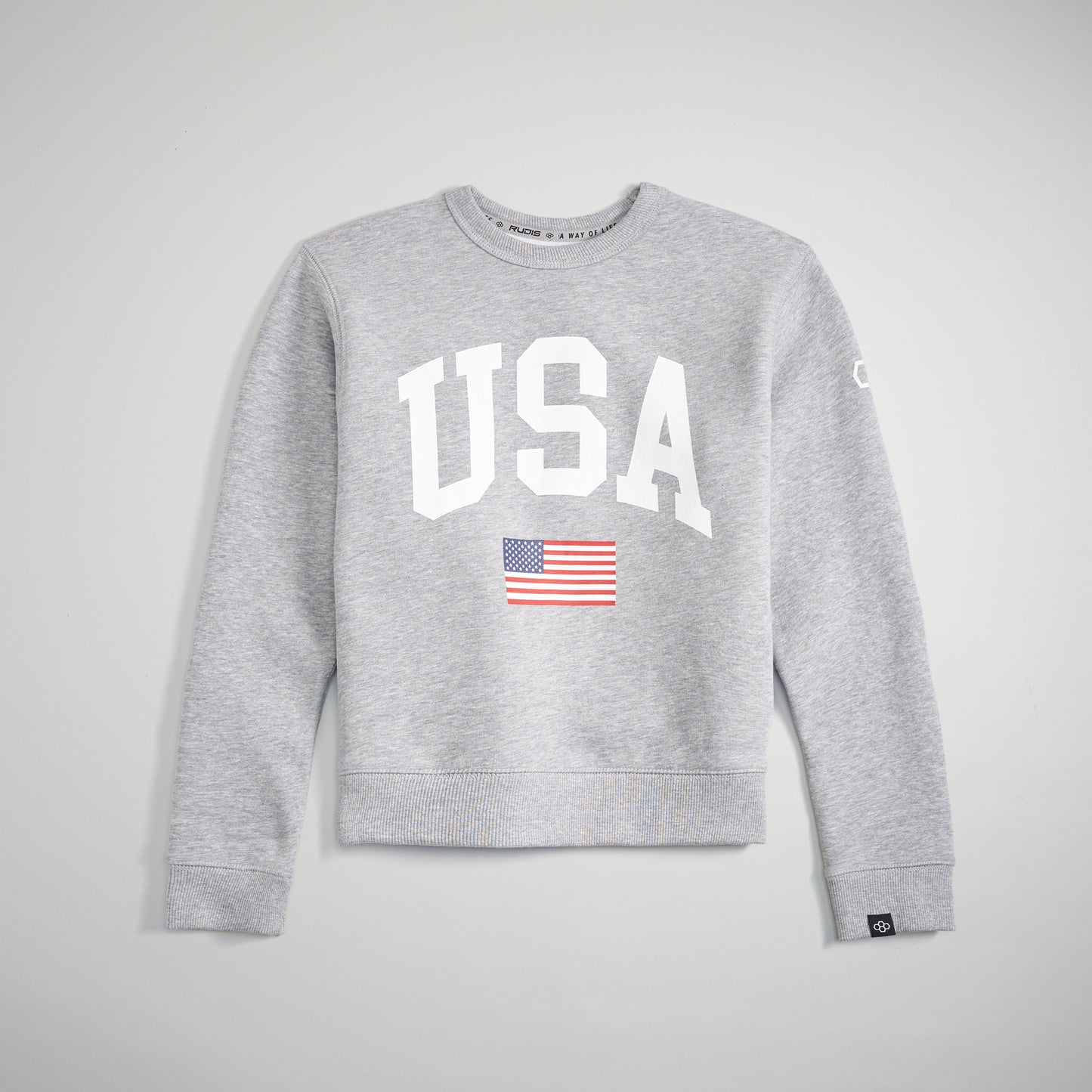 A gray sweatshirt prominently featuring USA lettering and the American flag