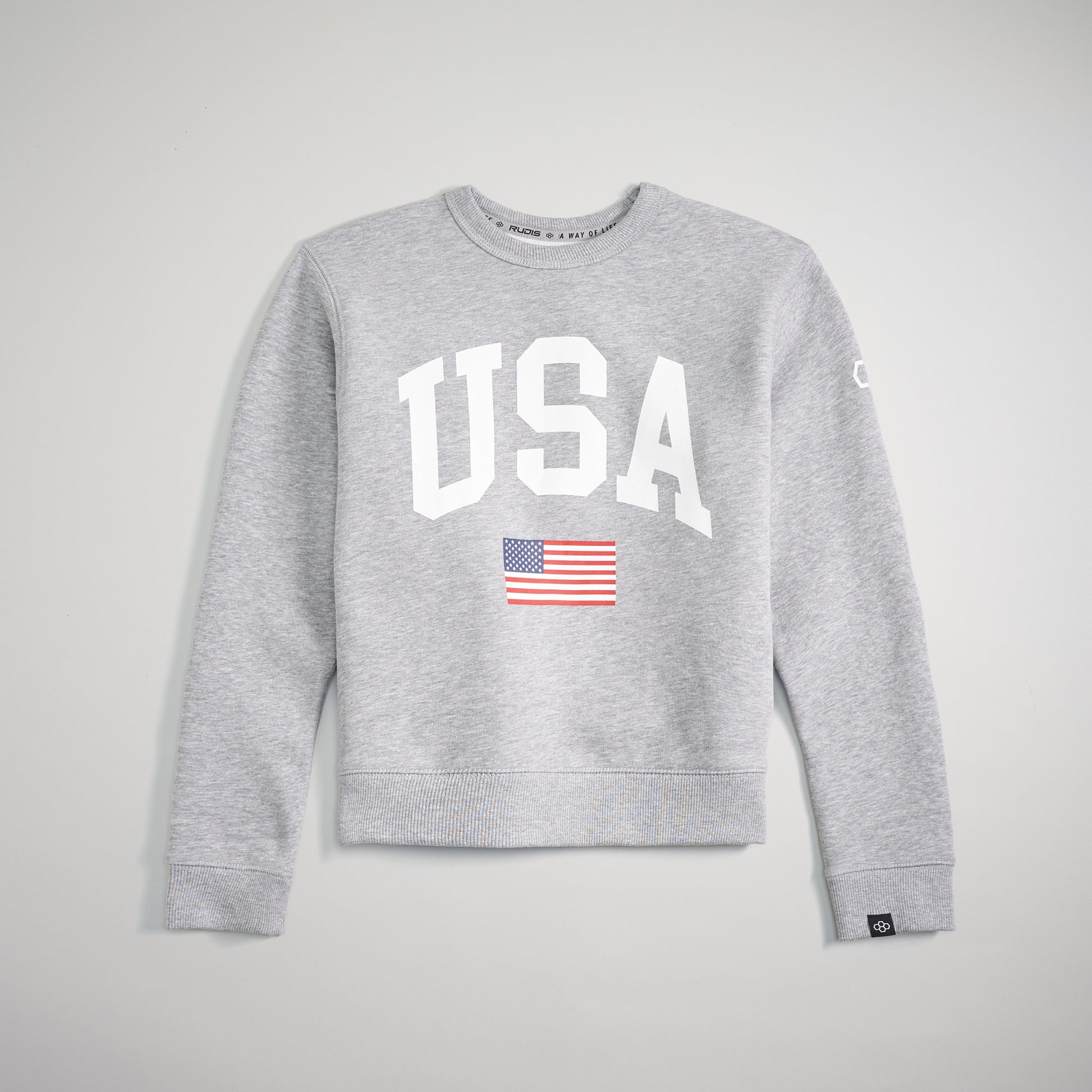 A gray sweatshirt prominently featuring USA lettering and the American flag