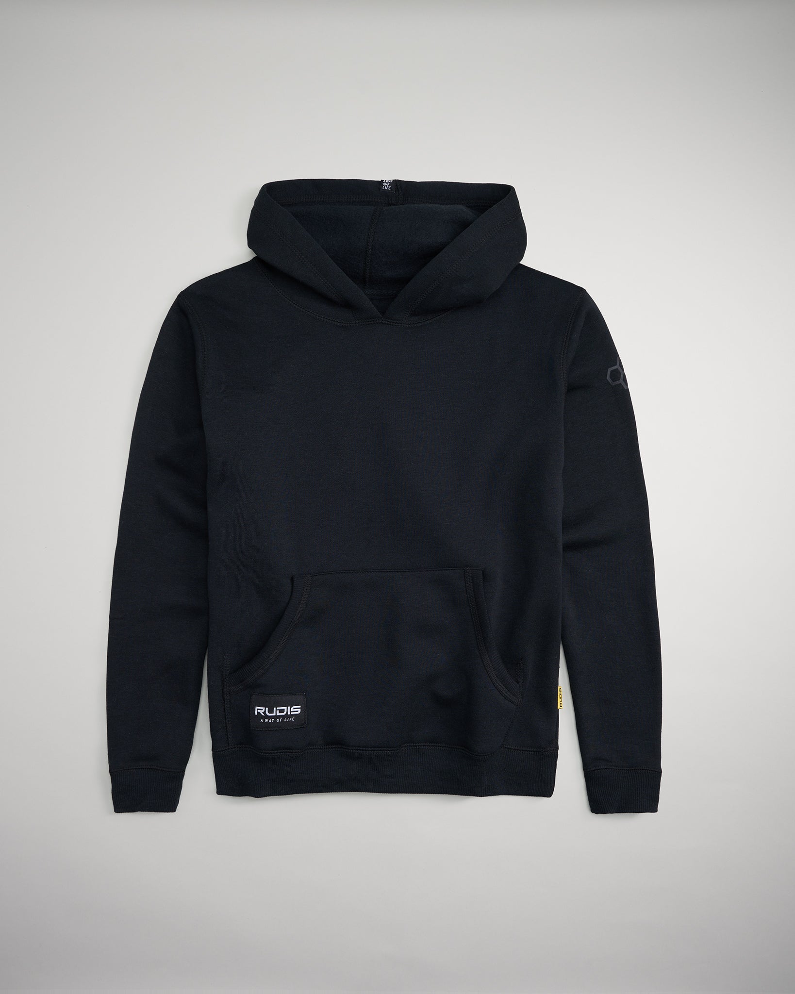 A simple black hoodie featuring a front pocket an embroidered logo on the sleeve and a soft fabric finish ideal for casual wear